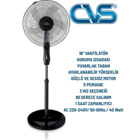 Resim Cvs 16'' Zaman Ayarlı Ayaklı Vantilatör 55 W Güçlü Motor ve 5 Pervane Özellikleriyle Siyah 
