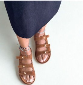 Resim Ne&ve Shoes Taba Süet Hakiki Deri Gold Aksesuarlı Kadın Günlük Sandalet 