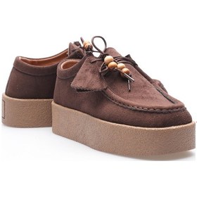 Resim Kadın Süet Loafer Ayakkabı Bağcık Boncuk Detaylı Kahve Kavera Kahverengi 