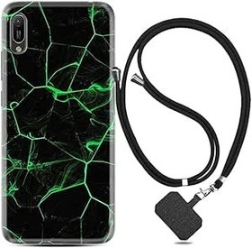 Resim kilifland Huawei Y6 2019 ile Uyumlu Kılıf Desenli Silikon Boyun Askılı Yeşil Şerit Mermer 1320 