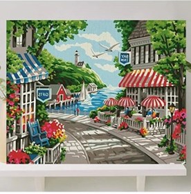 Resim Sahil Kasabası Temalı Boyama Tuval Seti, 40x50 Cm, Fırça Ve Boya Dahil 