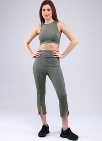 Resim Grenj Fashion Haki Fitilli Kısa Paça Ön Yırtmaçlı Yüksek Bel Toparlayıcı Tayt 