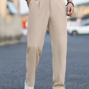 Resim Erkekler için Vintage Esintili Bej Elbise Pantolonları - Rahat Kesim, Polyester, Esnemez Düğme Kapatma, İnce Bel - İş Gündelik ve Günlük Kıyafetler için İdeal 