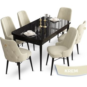 Resim Canisa Concept Taç Serisi 80 x 132 cm Açılabilir Siyah Mermer Desen Masa Takımı 6 Sandalye Gold Halkalı 