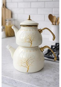 Resim Emaye Çaydanlık Takımı 2,3 L Suluk + 1,1 L Demlik Gold Detaylı Altın - Krem 