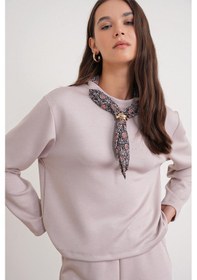 Resim Mixray 2026 Kadın Fular Detaylı Modal Alt Üst Eşofman Takım Bej Bej 