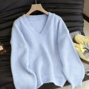 Resim Kadın Yumuşak Pembe V Yaka Kazak - Rahat Bol Kesim Uzun Kollu, Sonbahar & Kış için Günlük ve Resmi Kombinler - Kadın Kazak 