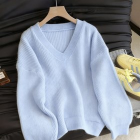 Resim Kadın Yumuşak Pembe V Yaka Kazak - Rahat Bol Kesim Uzun Kollu, Sonbahar & Kış için Günlük ve Resmi Kombinler - Kadın Kazak 