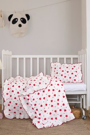 Resim Magnolia Kalpli Fırfırlı Bebek Nevresim Takımı | 3'lü Set ( Nevresim-Çarşaf-Yastık Kılıfı) | Pamuklu, Kırmızı Biyeli, Yumuşacık | 100 x 150 cm 