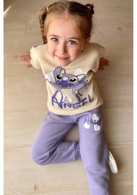 Resim Riccotarz Kız Çocuk Stitch Karakter Ve Angel Yazı Baskılı Lila Eşofman Takım 