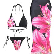 Resim 1 set Çiçek Desenli Bikini, Yüksek Elastik Örme Polyester Mayo, Kadınlar için Derin V Yaka ve Yan Bağ Detaylı Seksi, Havuz ve Plaj 