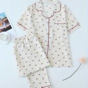 Resim Kiraz Baskılı Dokulu Pijama Takımı, Sevimli Kısa Kollu Düğmeli Yaka Üst & Elastik Pantolon, Kadınların Uyku Giyimi 