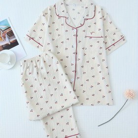 Resim Kiraz Baskılı Dokulu Pijama Takımı, Sevimli Kısa Kollu Düğmeli Yaka Üst & Elastik Pantolon, Kadınların Uyku Giyimi 