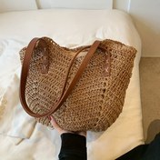 Resim 1 Adet Büyük Kapasiteli Fermuarlı Dokuma Sentetik Plaj Çantası, Derin Kahverengi Dokuma Desenli ve Sapları - Dayanıklı Polyester Astar, Geniş Tatil Omuz Çantası Plaja, Alışverişe, Günlük Gezintilere, Doğal Dokuma Tasarım | Sağlam Kulp Yapısı 