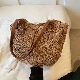 Resim 1 Adet Büyük Kapasiteli Fermuarlı Dokuma Sentetik Plaj Çantası, Derin Kahverengi Dokuma Desenli ve Sapları - Dayanıklı Polyester Astar, Geniş Tatil Omuz Çantası Plaja, Alışverişe, Günlük Gezintilere, Doğal Dokuma Tasarım | Sağlam Kulp Yapısı 
