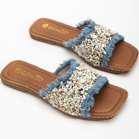 Resim Kadın Düz Topuklu Terlik Mavi Taşlı Püsküllü Kalın Tekbant-3923 Mavi 