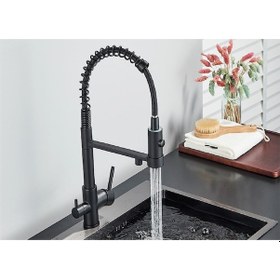 Resim Mutfak Eviye Bataryası Dual Flow Su Arıtma Çıkışlı Spiralli Fiskiyeli Siyah 