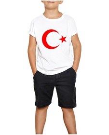 Resim Ay Yıldız Beyaz Beyaz Çocuk Tişört Siyah 