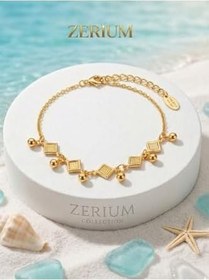 Resim Gold Renk Sallantılı Halhal Kare Plaka ve Top Detaylı Gümüş 