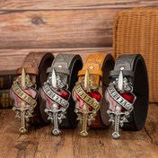 Resim GLEEBUY Erkekler için Vintage Esintili Suni Deri Kemer, Benzersiz Ok Kalpli Toka, Farklı Kabartmalı Anka Kuyruğu Tasarımı, Alaşım Toka, Kahverengi, Koyu Kahverengi, Siyah ve Açık Kahverengi Renklerde Günlük Moda Aksesuarı, GLEEBUY 