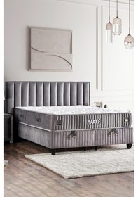 Resim Hades Yatak Baza Ve Başlık Seti 120x200 Cm Tek Kişilik Paket Yaylı Lüks Yatak Koyu Gri Baza Başlık 
