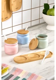 Resim Karaca Portobello Bambu Kapaklı 3'lü Tepsili Kaşıklı Baharat Takımı Renkli 