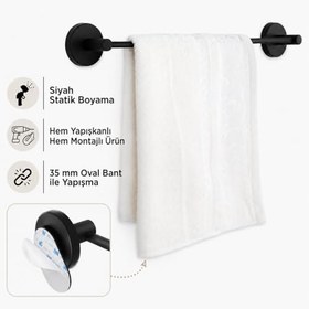 Resim Lotus Siyah Uzun Havluluk, Yapışkanlı ve Vidalı Montajlı Havlu Askısı, Mat Siyah Statik Boyama, 35 mm Oval Bantlı Banyo Havlu Tutucu 