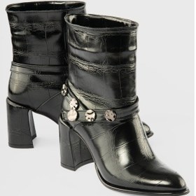 Resim Kadın Deri Bot Krokodil Desenli Platin Detaylı Topuklu Siyah Cordena Siyah 