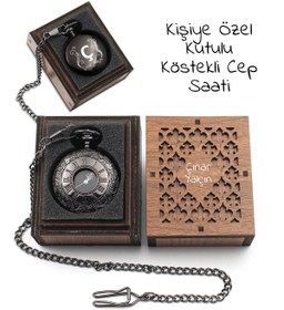 Resim vegahediye v vega Kişiye Özel Ahşap Kutulu Roma Rakamlı Köstekli Cep Saati - İsim Yazılı Siyah Vintage Cep Saati 
