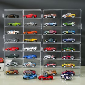 Resim 1/64 Ölçekli Matchbox Tekerlekli Oyuncak Araba Sergi Kutusu, 8 Oyuncak Araba Saklama Kutusu, Şeffaf Toka Toz Kapağı ile Şeffaf Sergi Kutusu 