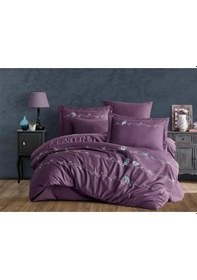 Resim Vogel Nakışlı %100 Pamuk Saten Çift Kişilik Nevresim Takımı Mürdüm Mürdüm 