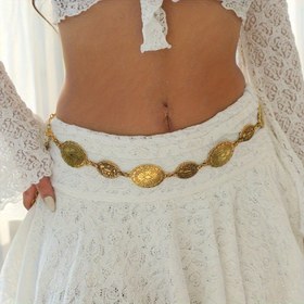 Resim Bohemian Vintage Kadın Kemeri - Altın Tonlu Dairesel Kabartmalı Toka, Detaylı Dantel Desenli, Elde Yıkanabilir Normal Boy, Günlük ve Plaj Kıyafetleri İçin 