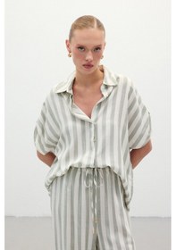 Resim Sateen Çizgili Kısa Kol Gömlek - Haki-136307 Haki 