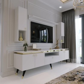 Resim Myniture Modern Tv Sehpası Gold Üçgen Kulp Kepli G9025-1 Beyaz 35 cm Derinlik 