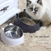 Resim Kedi Kasesi 15 Derece Yükseltilmiş Paslanmaz Çelik Kedi Besleyici Kasesi Kaymaz Tabanlı, 100ml Kedi Mama Su Besleyici Eğimli Evcil Hayvan Kasesi Boyun Koruma İçin 