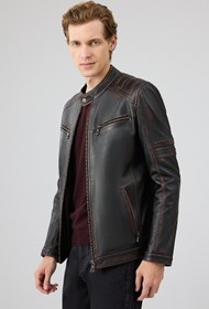 Resim Leonard Erkek Kahverengi Vintage Slim-fit Deri Ceket - Kahverengi / L 