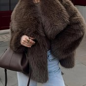 Resim Kadınlar İçin Şık Uzun Kışlık Mont, Lüks Yapay Kürk Yaka & Soğuk Hava İçin Peluş Ceket, Makinede Yıkanabilir, Kahverengi//Siyah/Bej - Resmi & Günlük Dış Giyim (Sonbahar/Kış) - Kot Pantolon ve Elbiseler İçin Mont 