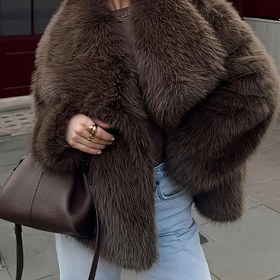 Resim Kadınlar İçin Şık Uzun Kışlık Mont, Lüks Yapay Kürk Yaka & Soğuk Hava İçin Peluş Ceket, Makinede Yıkanabilir, Kahverengi//Siyah/Bej - Resmi & Günlük Dış Giyim (Sonbahar/Kış) - Kot Pantolon ve Elbiseler İçin Mont 
