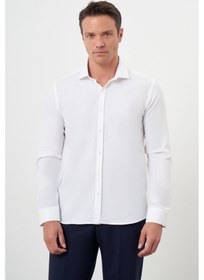 Resim Morven Erkek Beyaz Pamuk Baskılı Desenli İtalyan Yaka Slim Fit Gömlek Beyaz 