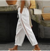 Resim Qunide Kadın Moda Rahat Pamuk Kenevir Ince Nefes Alabilir Içi Boş Dikiş Dize Düz Renk Pantolon Beyaz 