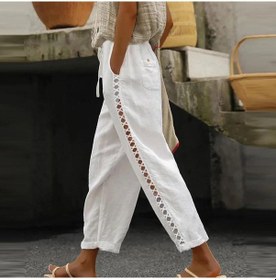 Resim Qunide Kadın Moda Rahat Pamuk Kenevir Ince Nefes Alabilir Içi Boş Dikiş Dize Düz Renk Pantolon Beyaz 