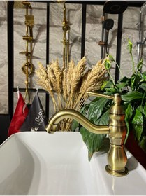 Resim İSAOĞLU YAPI Antik Gold Lavabo Bataryası Mat Altın Lavabo Musluğu Altın Lavabo Bataryası Antik Eskitme 