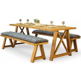 Resim Neiwel Pina Doğal Ahşap Banklı Yemek Masası Takımı-120-280 Takım Açık Ceviz 