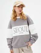 Resim Şardonlu Kolej Sweatshirt Renk Bloklu Baskılı Uzun Kollu Bisiklet Yaka Pamuk Karışımlı 