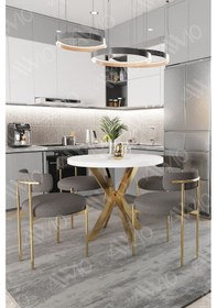 Resim Avvio Frame Mat Gold Ayak 4'lü Teddy Sandalye 90x90 Masa Sandalye Takımı Sandalye Bukle Kumaş Beyaz 