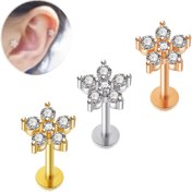 Resim 1 Şık Çok Yönlü Sentetik Zirkonya Çiçek Kemik Küpe Labret Dudak Halkası Vücut Piercing Takısı - Hipoalerjenik Paslanmaz Çelik, Tüm Mevsimler ve Çeşitli Piercing Stilleri İçin Uygun 