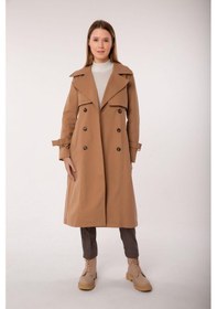 Resim Pastelastore %100 Pamuk Gabardin Uzun 110cm Astarlı Kemerli Kadın Trençkot 1111 Bej 