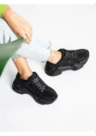 Resim Prego Tayyar Gri Taşlı Yüksek Taban Bağcıklı Poli Hafif Taban Kadın Spor Siyah 13120 S Siyah 