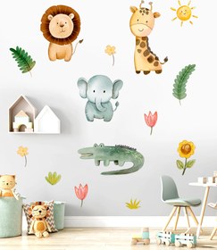 Resim Sevimli Safari Hayvanları ve Çiçekler Suluboya Kapı Cam Dolap Duvar Sticker Seti - 110x40 cm / Sulu Boya / Safari Hayvanlar 