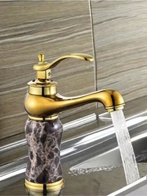 Resim Fleko Lavabo Bataryası Antik Gold Gerçek Mermer Desenli Taş Gövdeli 20 Cm Yükseklik Banyo Lavabo Bataryası Gold 
